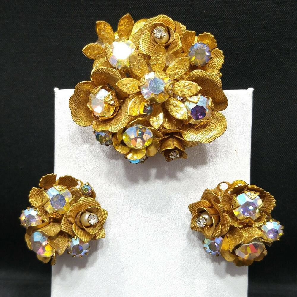 Vintage Floral Brooch Clip Earrings Set, Aurora Borealis Rhinestones, Gold Plate